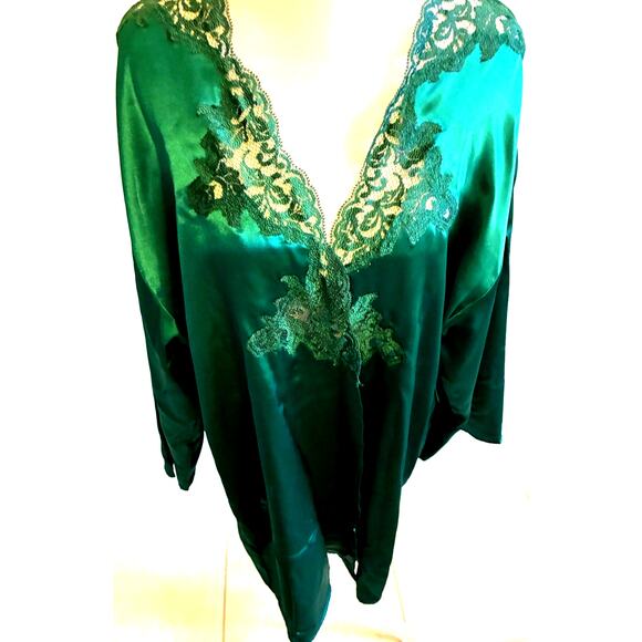 VTG Victorias Secret Emerald Green Robe Satin Lace Xmas 90s Sexy Gold Label OS - Picture 1 of 16
